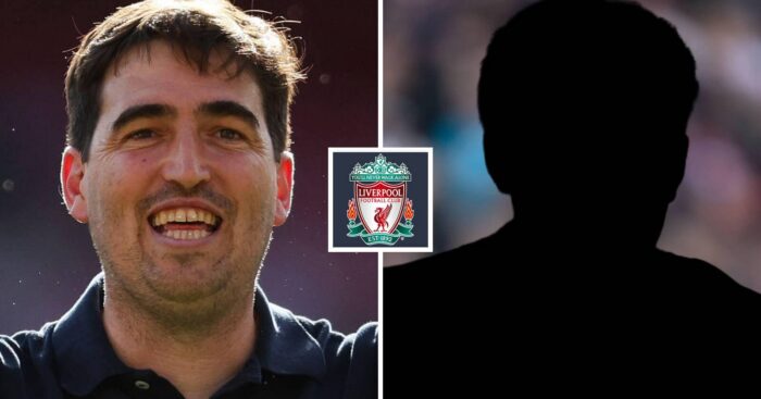 Split image of Incoming Liverpool manager Andoni Iraola and a shadow, with the Liverpool badge in between - copyright TEAMtalk