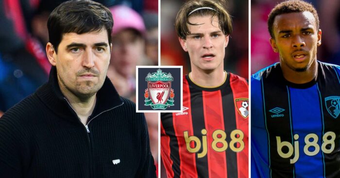 Andoni Iraola next to the Liverpool badge and Bournemouth pair Alex Scott and Eli Junior Kroupi