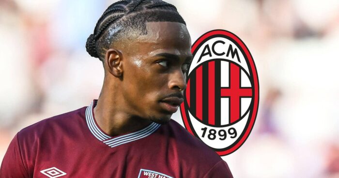 West Ham star Crysencio Summerville with an AC Milan badge