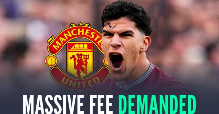 West Ham midfielder Mateus Fernandes next to the Manchester United badge and the words 'massive fee demanded'