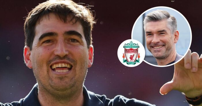 Incoming new Liverpool manager Andoni Iraola and, inset, sporting director Richard Hughes next to the Liverpool FC badge