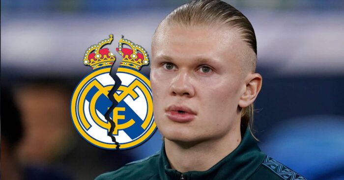 Manchester City striker Erling Haaland next to a cracked Real Madrid badge