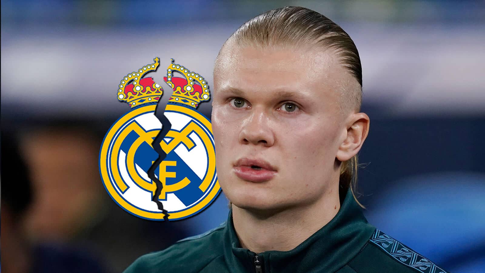 Manchester City striker Erling Haaland next to a cracked Real Madrid badge