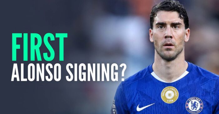 Striker Dusan Vlahovic with a Chelsea shirt Photoshopped on him and the words 'first Alonso signing?'