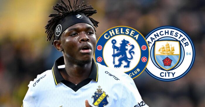 Zadok Yohanna with Chelsea and Man City badges