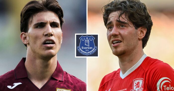 Cesare Casadei and Hayden Hackney, with an Everton badge