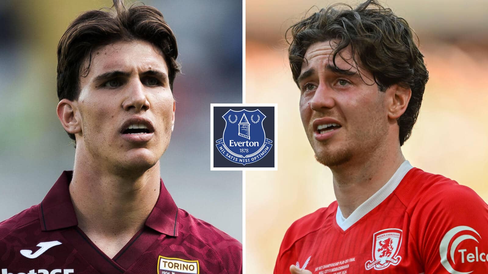 Cesare Casadei and Hayden Hackney, with an Everton badge