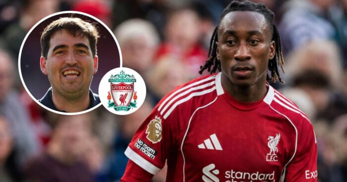RB Leipzig winger Yan Diomande with a Liverpool shirt Photoshopped on him and with Andoni Iraola, inset, next to the Liverpool badge