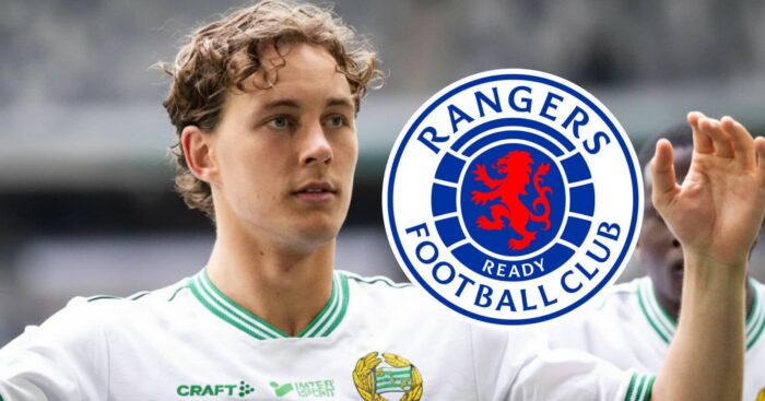 Swedish right-back Hampus Skoglund next to the Rangers badge