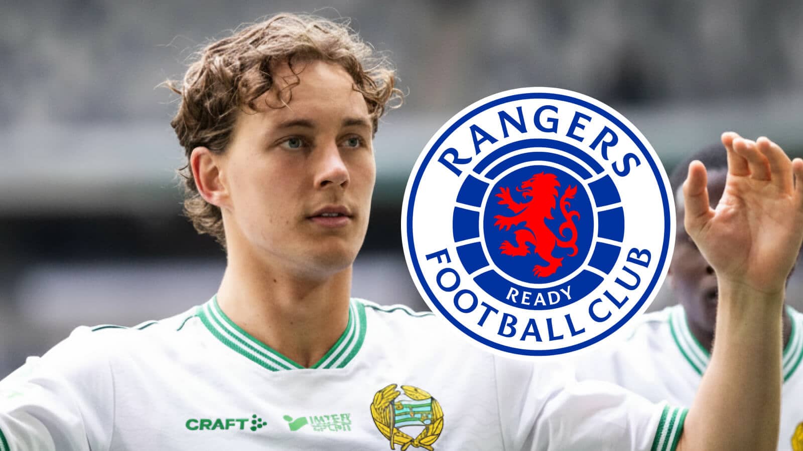 Swedish right-back Hampus Skoglund next to the Rangers badge