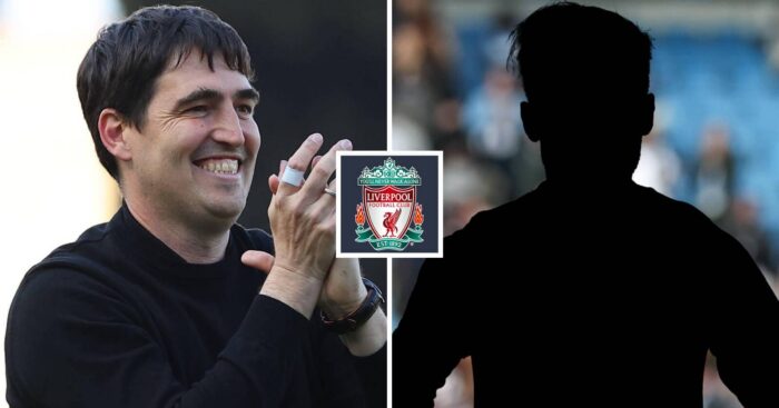 Split image of Liverpool head coach Andoni Iraola and a shadow, with the Liverpool badge in between - copyright TEAMtalk