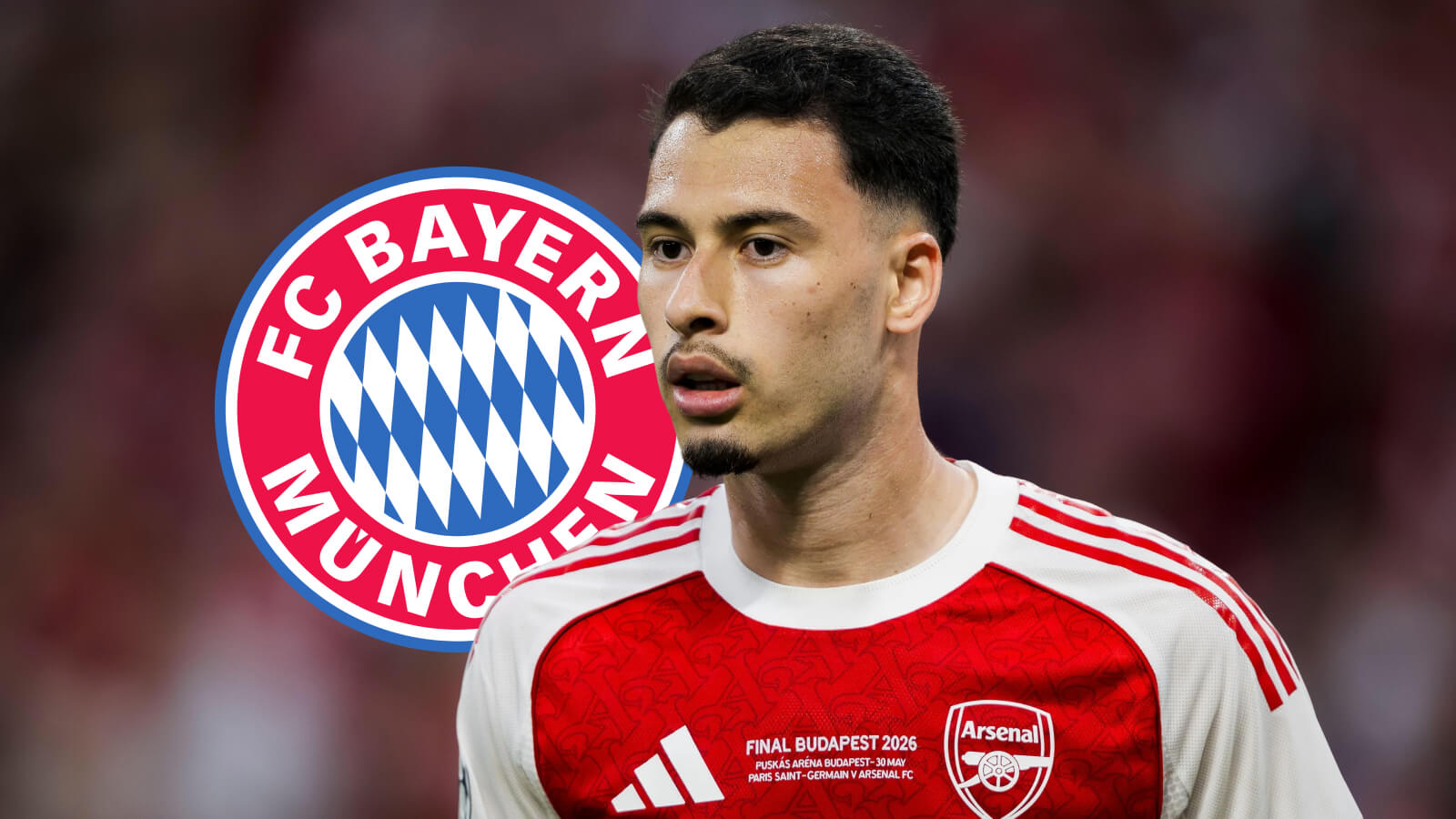 Bayern Munich badge and Arsenal winger Gabriel Martinelli - copyright TEAMtalk