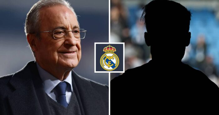 Split image of Real Madrid president Florentino Perez and a shadow, with the Real Madrid badge in between - copyright TEAMtalk