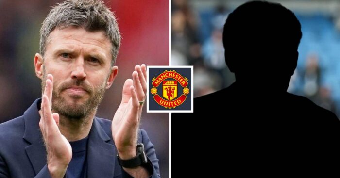Split image of Manchester United manager Michael Carrick and a shadow, with the Manchester United badge in between - copyright TEAMtalk