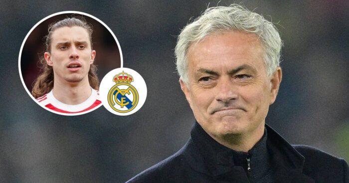 Arsenal defender Riccardo Calafiori, Real Madrid badge and incoming Real Madrid manager Jose Mourinho - copyright TEAMtalk