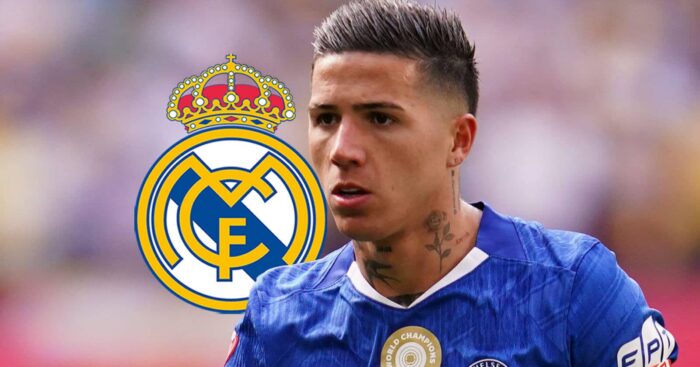 Real Madrid badge next to Chelsea midfielder Enzo Fernandez - copyright TEAMtalk