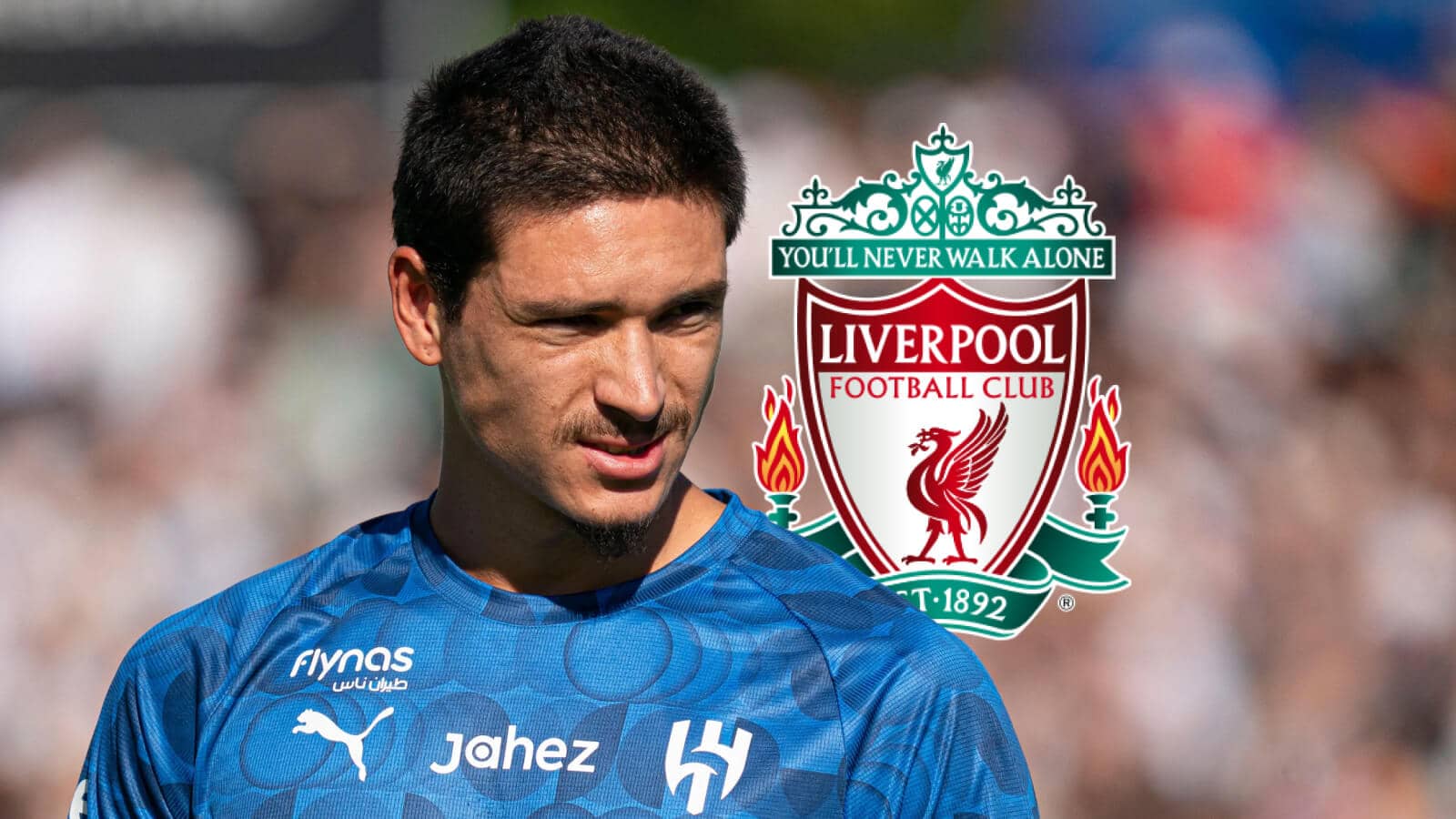 Al-Hilal striker Darwin Nunez next to the badge of his former club Liverpool