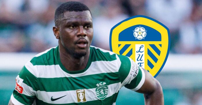 Sporting CP defender Ousmane Diomande next to the Leeds United badge