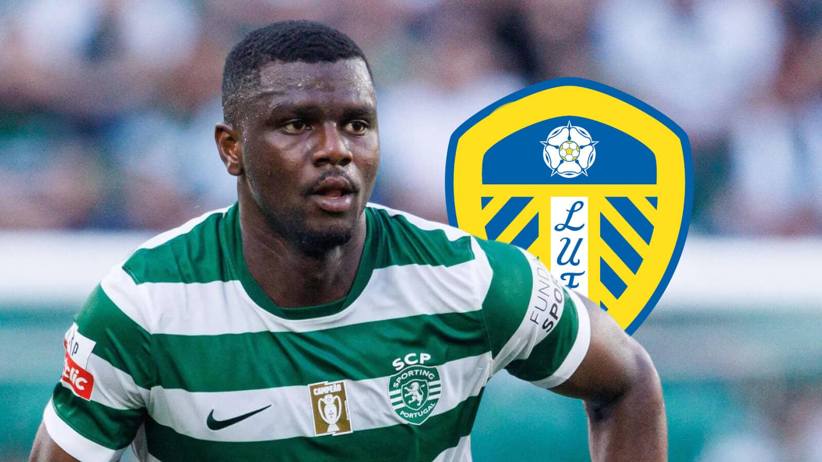 Sporting CP defender Ousmane Diomande next to the Leeds United badge
