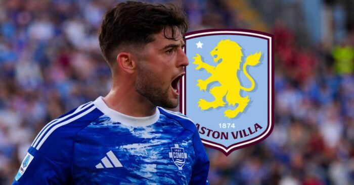 Como star Martin Baturina with Aston Villa badge