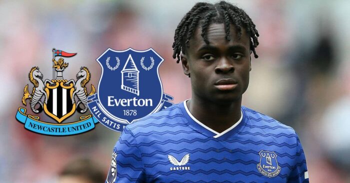 Chelsea loanee Tyrique George with Everton and Newcastle badges