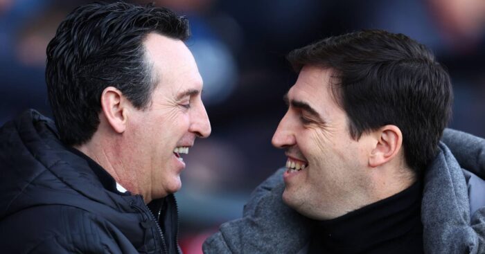 Aston Villa manager Unai Emery and Liverpool manager Andoni Iraola