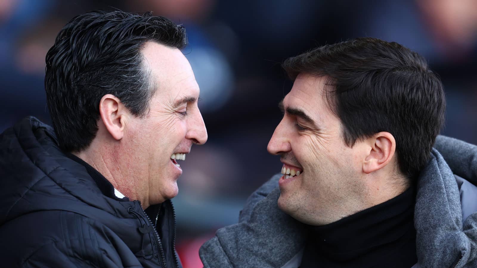 Aston Villa manager Unai Emery and Liverpool manager Andoni Iraola
