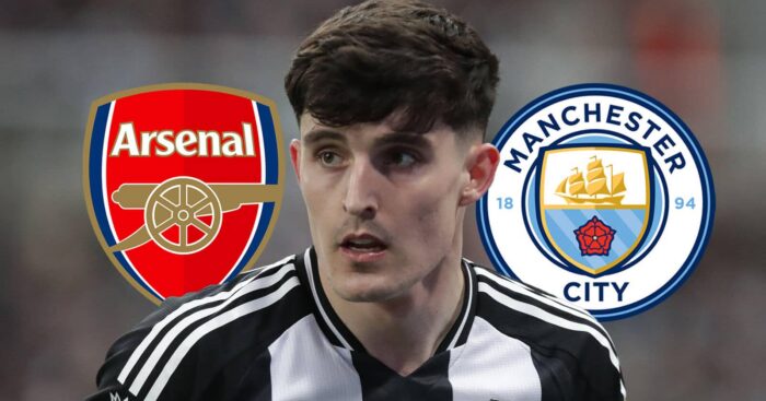 Newcastle United full-back Tino Livramento next to the Arsenal and Manchester City badges