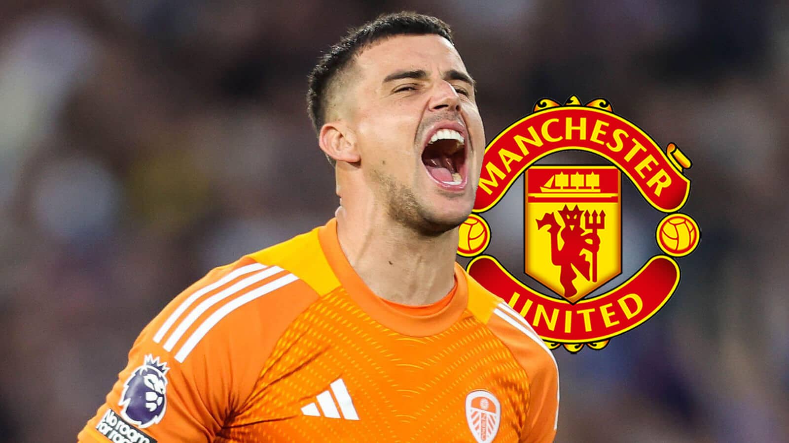Leeds United goalkeeper Karl Darlow next to the Manchester United badge - copyright TEAMtalk