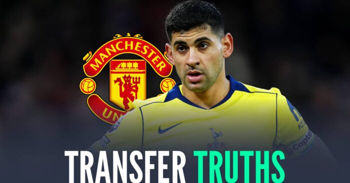 Tottenham Hotspur captain Cristian Romero next to the Manchester United badge and the words 'transfer truths'
