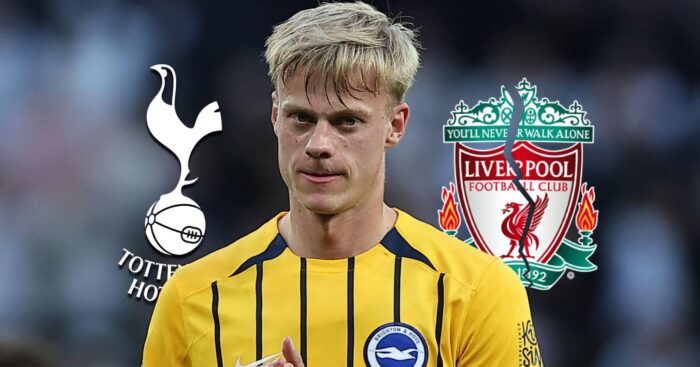 Tottenham Hotspur badge, Brighton defender Jan Paul van Hecke and cracked Liverpool badge - copyright TEAMtalk