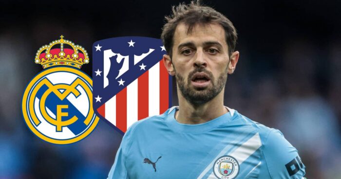 Bernardo Silva with Real Madrid and Atletico Madrid badges