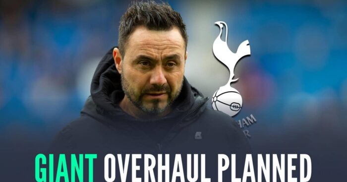 Tottenham Hotspur manager Roberto De Zerbi next to the club badge and the words 'giant overhaul planned'