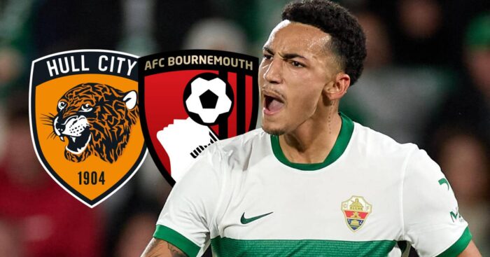 Elche striker Alvaro Rodriguez with Hull City and Bournemouth badges