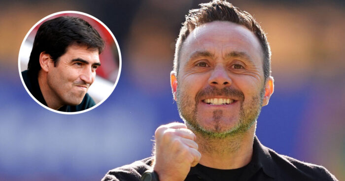 Tottenham manager Roberto De Zerbi, Liverpool manager Andoni Iraola