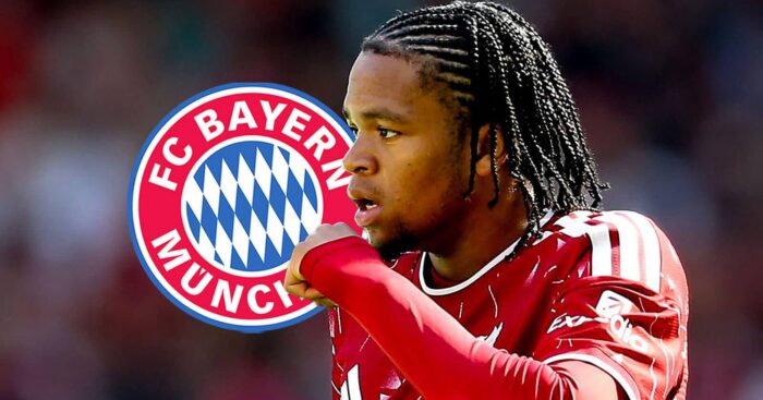 Liverpool winger Rio Ngumoha next to the Bayern Munich badge