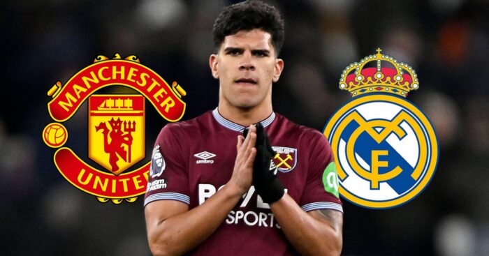 West Ham midfielder Mateus Fernandes, Man Utd and Real Madrid badges - copyright TEAMtalk