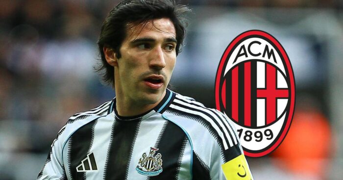 Newcastle star Sandro Tonali, with an AC Milan badge