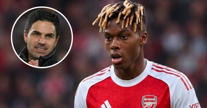 Athletic Bilbao winger Nico Williams with an Arsenal shirt Photoshopped on him and with Mikel Arteta, inset
