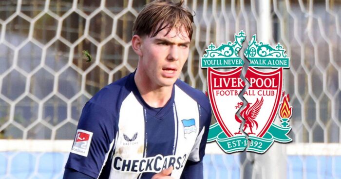 Hertha Berlin star Kennet Eichhorn with a cracked Liverpool badge