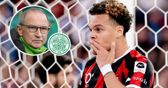 Celtic boss Martin O'Neill, inset and seen next to the club badge, wants to sign FC Aarau striker Elias Filet
