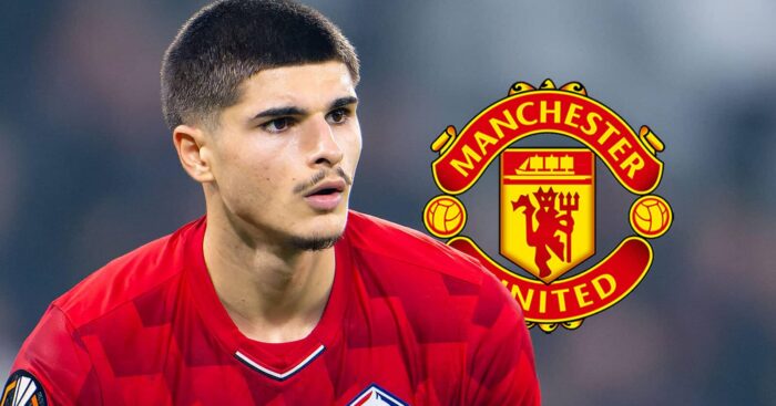 Lille's Matias Fernandez-Pardo next to the Manchester United badge