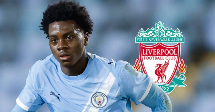 Manchester City gem Xavier Parker next to the Liverpool badge - copyright TEAMtalk