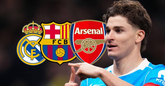 Real Madrid badge, Barcelona badge, Arsenal badge and Atletico Madrid striker Julian Alvarez - copyright TEAMtalk