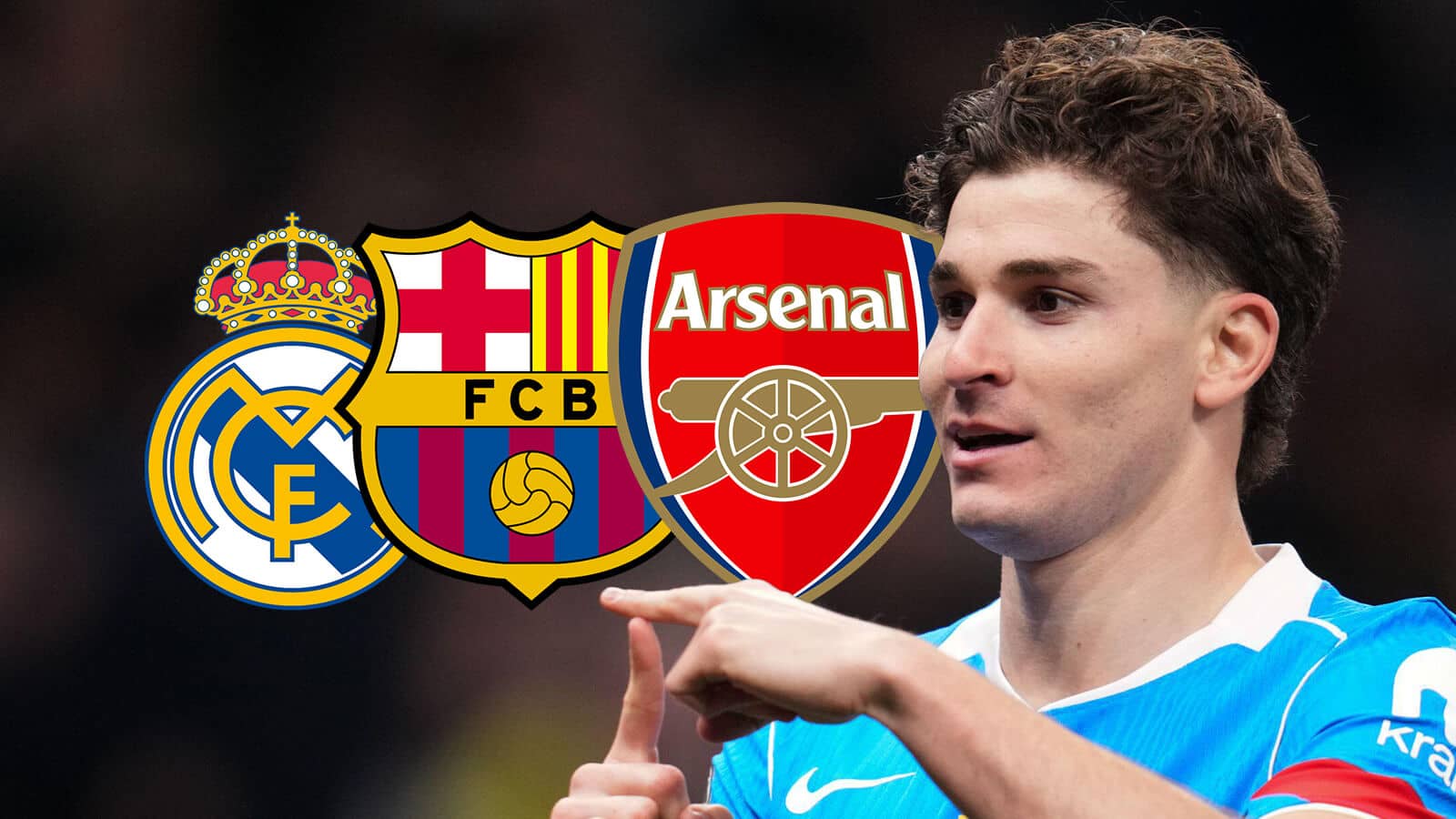 Real Madrid badge, Barcelona badge, Arsenal badge and Atletico Madrid striker Julian Alvarez - copyright TEAMtalk