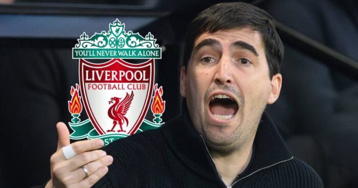 New Liverpool boss Andoni Iraola next to the Liverpool FC badge