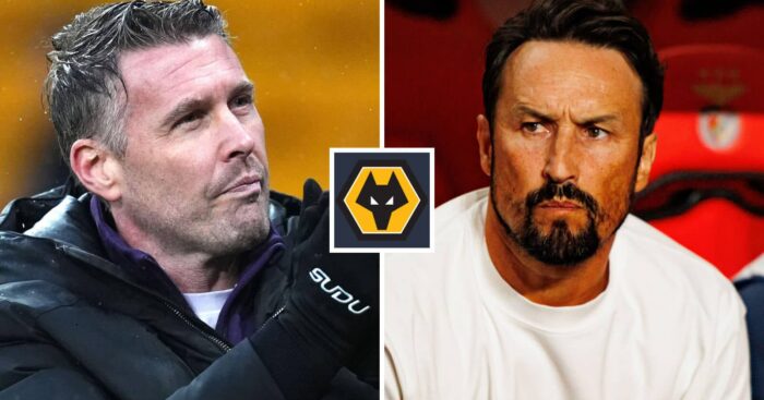 Rob Edwards and Cesar Peixoto either side of the Wolverhampton Wanderers badge