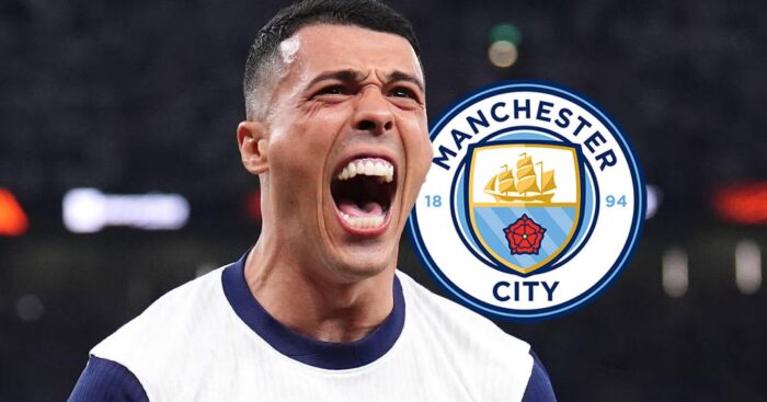 Tottenham Hotspur right-back Pedro Porro next to the Manchester City badge - copyright TEAMtalk