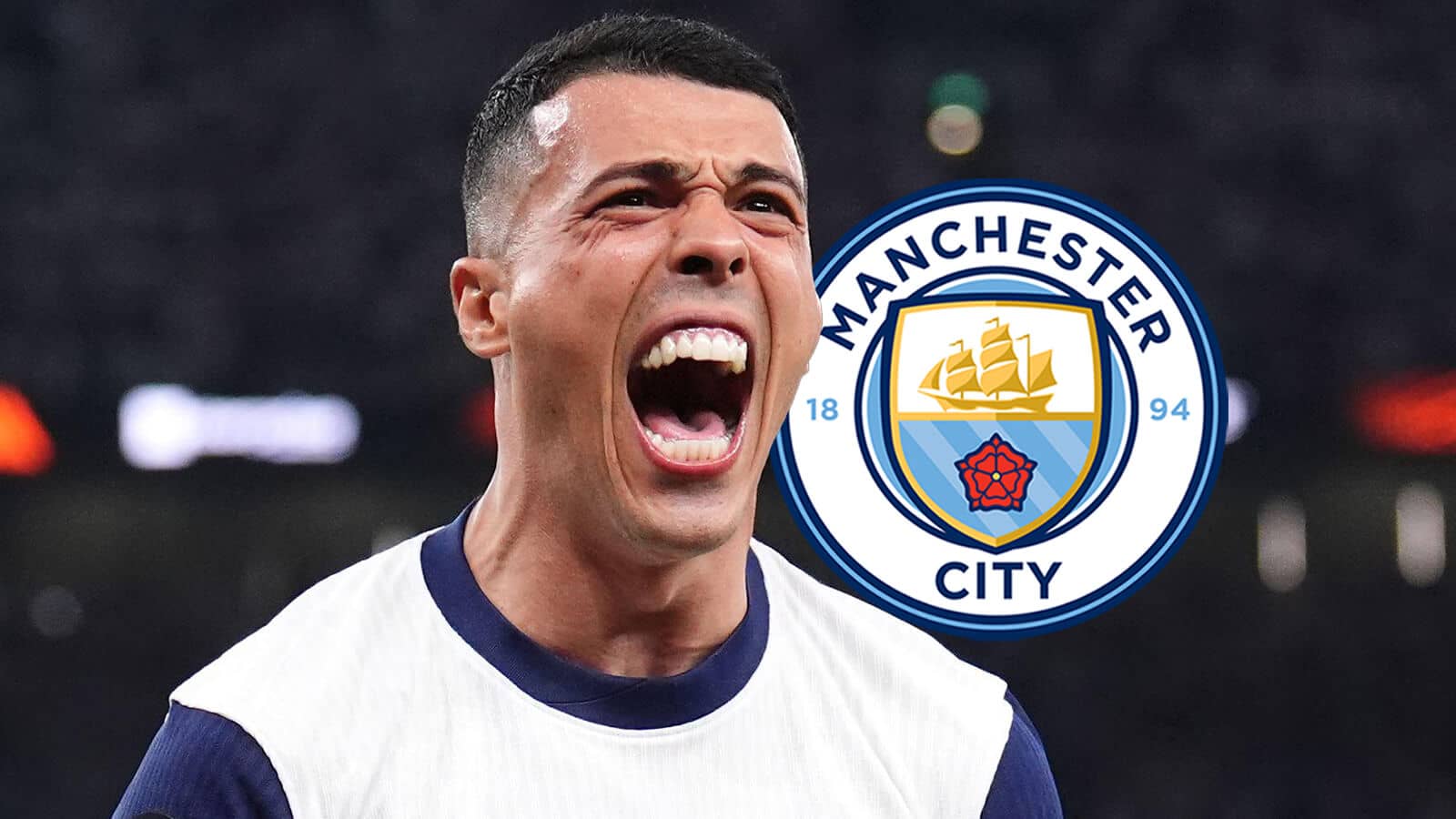 Tottenham Hotspur right-back Pedro Porro next to the Manchester City badge - copyright TEAMtalk
