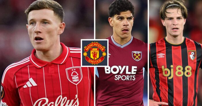 Manchester United midfield targets Elliot Anderson, Mateus Fernandes and Alex Scott next to the Manchester United badge